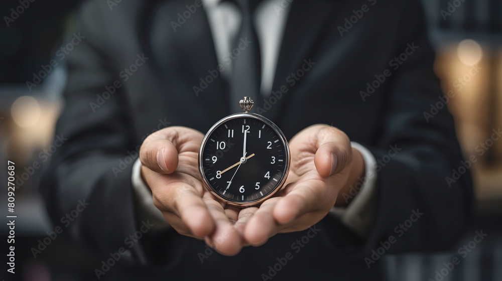 Businessman holding a vintage pocket watch in his hands. Time management concept
