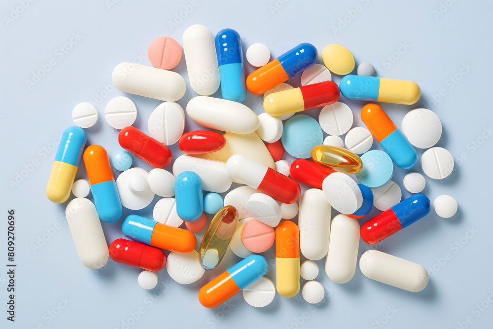 Assorted pharmaceutical medicine pills, tablets and capsules over blue background. Assorted pharmaceutical medicine pills, tablets and capsules over blue background.