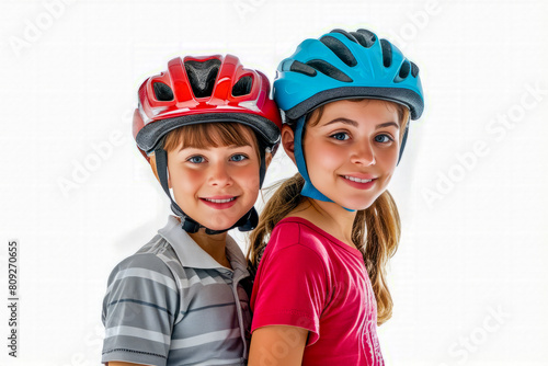 Couple of kids wearing helmets on top of white background with white background.