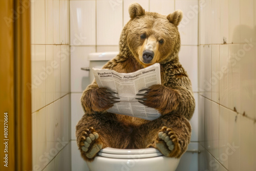 Bear sitting on toilet and reading the newspaper
