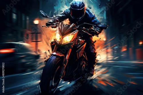 Digital art of a motorcyclist racing through an urban environment with a dramatic flair