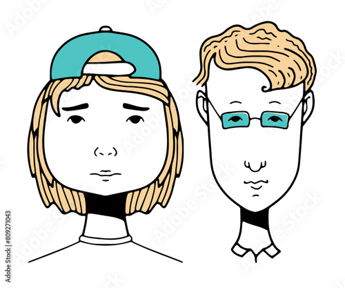 Hand-drawn funny character, the face of a young man with glasses, vector illustration, doodle people face