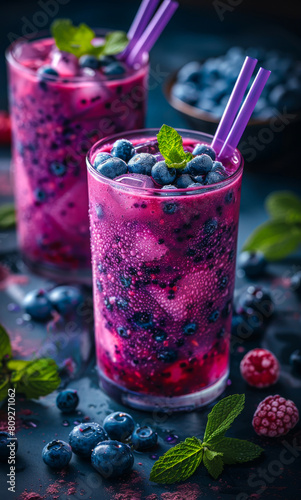 Blueberry smoothies in glasses and ingredients on dark background
