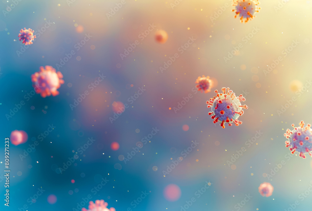 Coronavirus cells floating in the air. Close up of virus cells or bacteria on light background Coronavirus cells floating in the air. Close up of virus cells or bacteria on light background