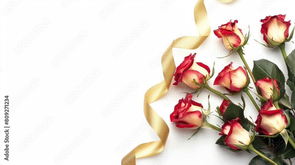 Bouquet of roses decorated with golden silky ribbon tie isolated on white background with copy space, concept of birthday, Valentine, Christmas, pride, mother's day celebration Bouquet of roses decorated with golden silky ribbon tie isolated on white background with copy space, concept of birthday, Valentine, Christmas, pride, mother's day celebration