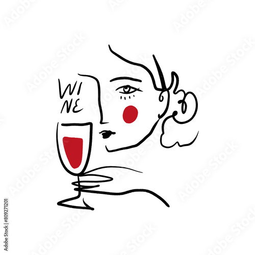 Line faces trendy red wine glass portrait. Abstract linear minimalistic face composition. Monochrome print for clothes, textile and other. Vector fashion illustration art