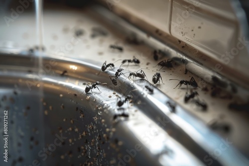A close-up shot of ants trailing over a stainless steel sink, indicating an infestation or search for food photo