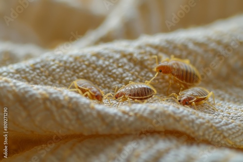 High detail macro photography portraying bedbugs navigating through the fibers of a textured fabric, shedding light on infestation