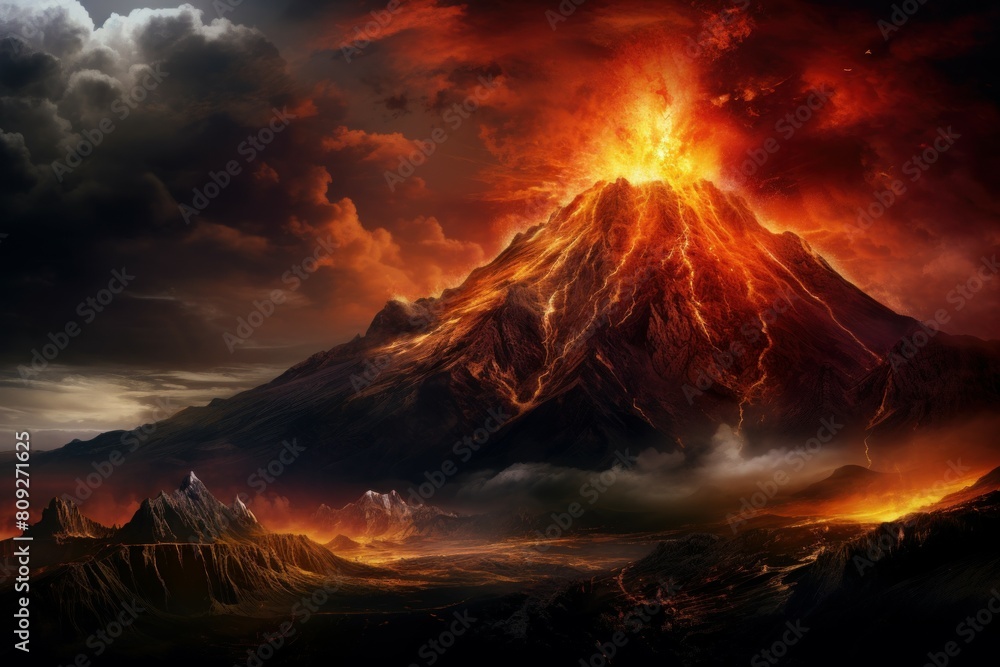 Stunning image of a fiery volcano erupting against a dramatic sunset sky