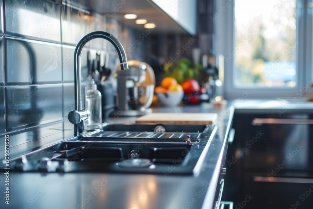 A selective focus shot of a kitchen sink and tap with a vibrant background of fresh produce and cooking environment A selective focus shot of a kitchen sink and tap with a vibrant background of fresh produce and cooking environment