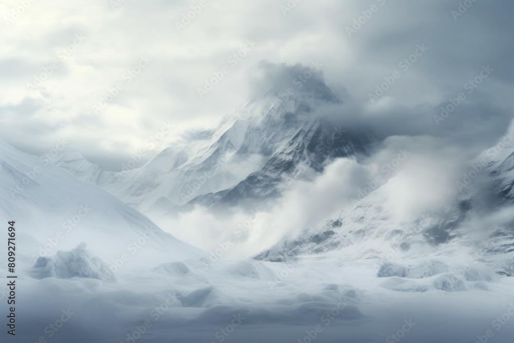 Tranquil and serene winter mountain landscape with misty mountains, ethereal clouds, and a snowy, frosty terrain creating a peaceful and untouched natural wonderland