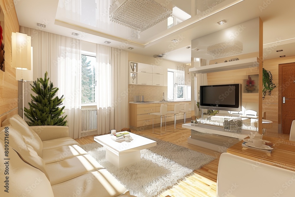 Luxurious living room with a holiday touch, featuring a Christmas tree and warm wooden finishes Luxurious living room with a holiday touch, featuring a Christmas tree and warm wooden finishes