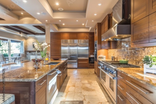 An elegant, spacious kitchen featuring modern appliances, rich wooden cabinets, and a large island with seating © ChaoticMind