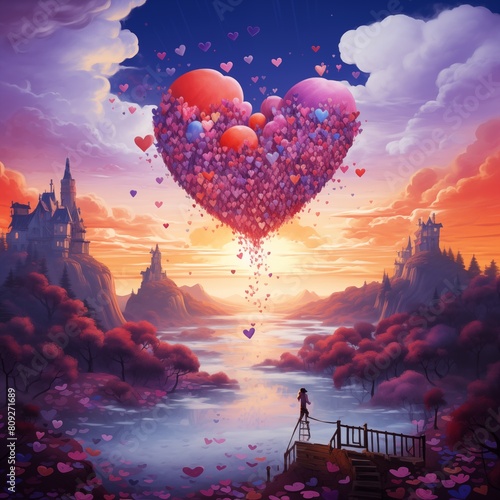 Romantic Scenery with Heart-Shaped Balloons Floating Above a Majestic Castle at Sunset