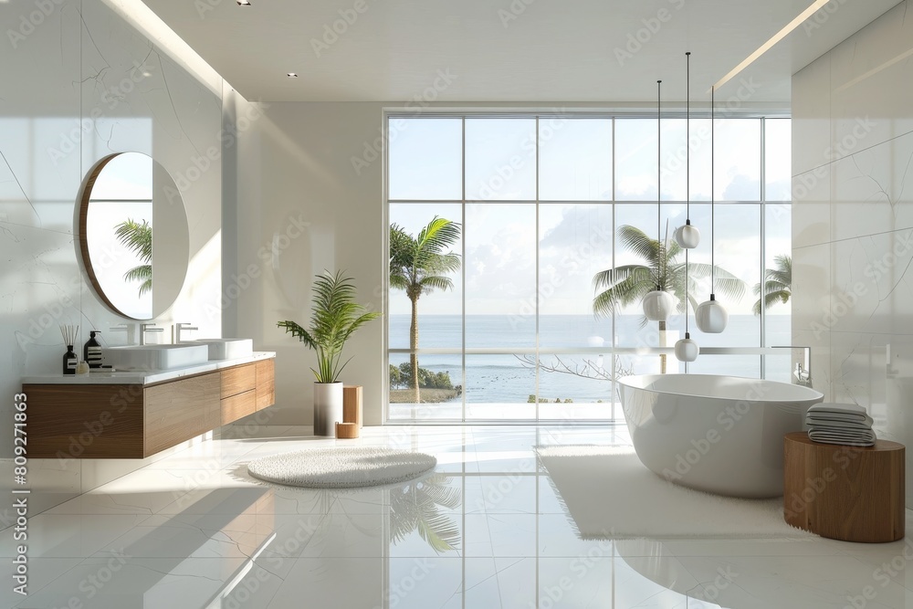 Fototapeta premium This luxurious bathroom boasts a breathtaking ocean view through expansive windows, complementing the chic modern design and tranquil ambiance