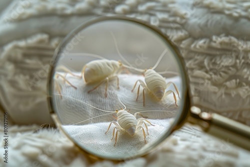 An up-close detailed photograph of multiple dust mites enlarged by a magnifying glass on a fabric surface photo