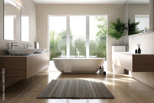 A bright and airy bathroom featuring double sinks and a beautiful view of nature from the large windows