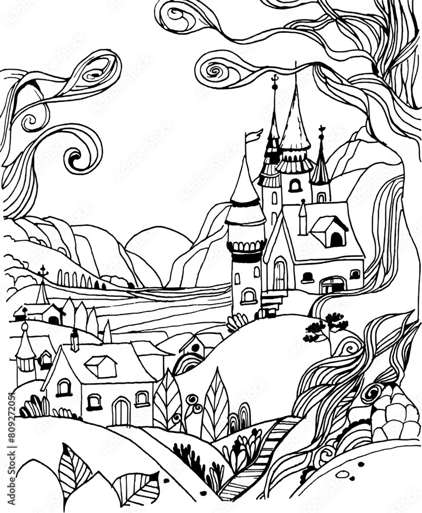 Fototapeta premium Paesaggio, borgo con castello, abitazioni, piante e colline. disegno a mano libera con contorni neri, da colorare