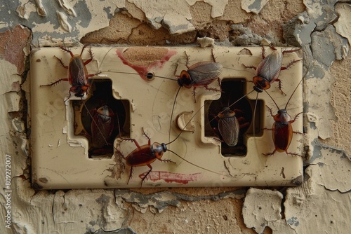 An uncomfortable image showing cockroaches overrunning a broken light switch in a rundown interior Decay and neglect are evident photo
