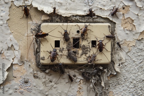A disturbing display of cockroaches swarming over an old electrical outlet on a decaying wall photo