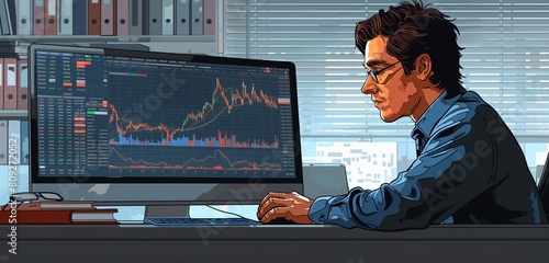 a stockbroker male analyzing financial markets on computer, 2d, flat, illustration, solid color.