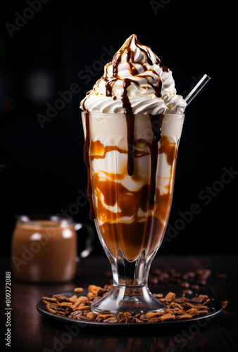 Ice cream with whipped cream caramel sauce and coffee beans in tall glass on dark background