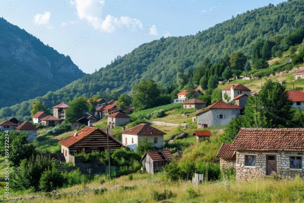 A picturesque landscape of a rural mountain village with houses dotted among green hills and trees