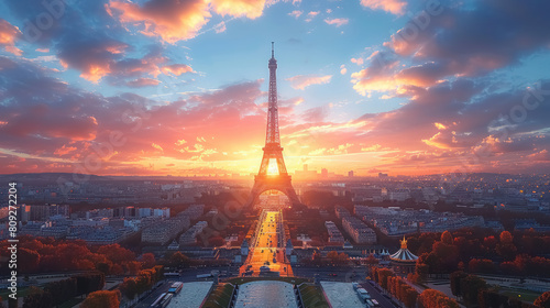 sunset over paris with iconic eiffel tower and cityscape view