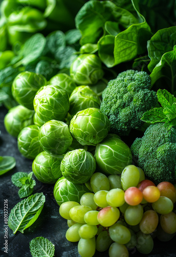 Green vegetables and fruits on black background