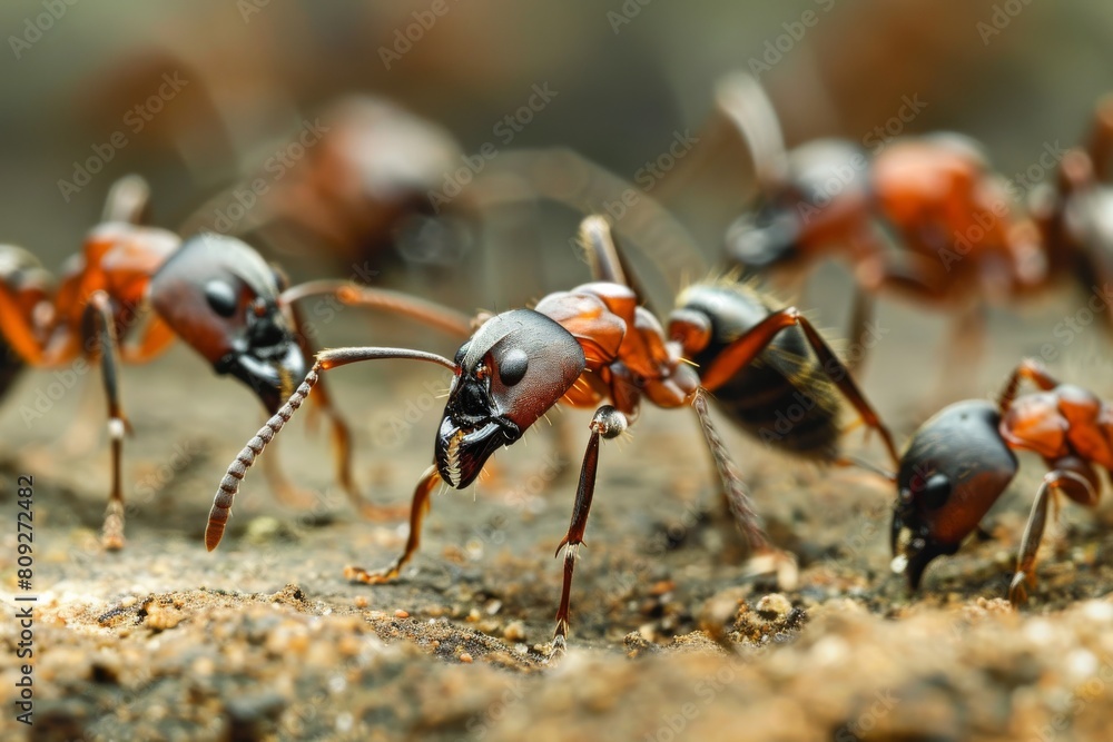 Detailed macro photography capturing the vivid textures and colors of ants foraging in their natural habitat Detailed macro photography capturing the vivid textures and colors of ants foraging in their natural habitat