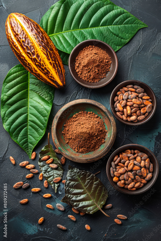 Cocoa powder cocoa beans and cocoa pods on black background Cocoa powder cocoa beans and cocoa pods on black background
