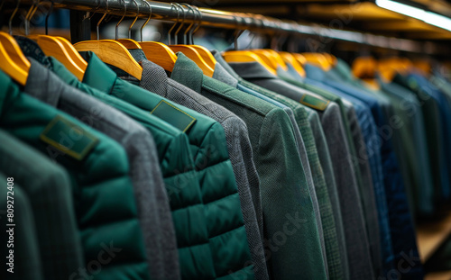 Mens jackets on hangers in retail store photo