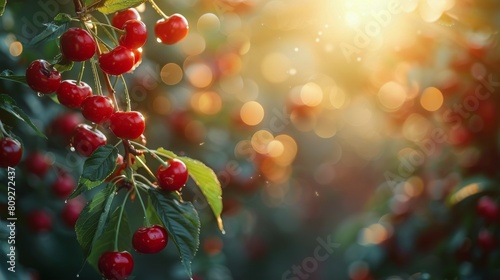 Cherries on a Branch With Leaves