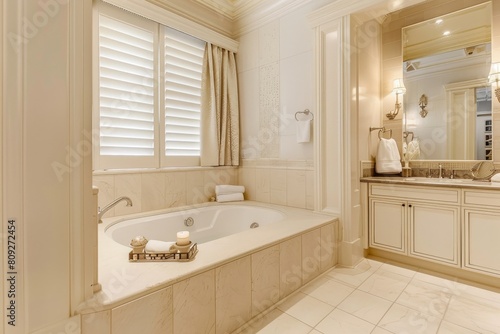 An elegant and classic styled bathroom complete with a large bathtub and refined decor