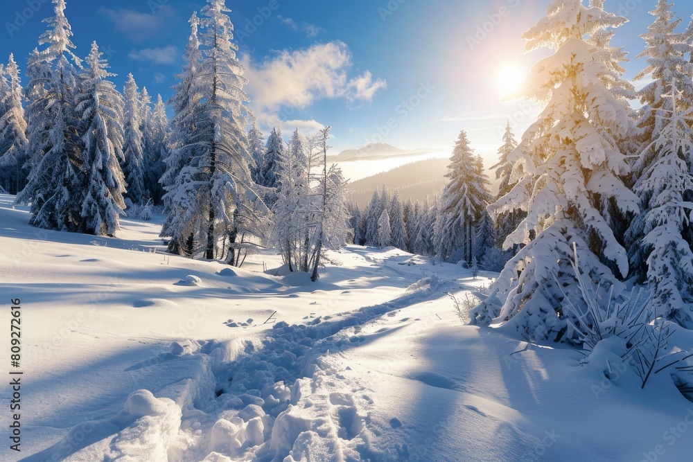 Fototapeta premium Snow-covered wilderness with clear blue skies and distant mountain peaks, showcasing a perfect winter wonderland