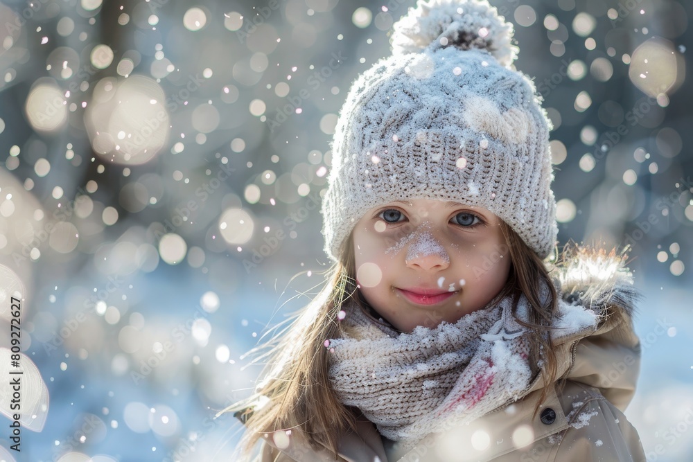 An unrecognizable person seen from behind, dressed in winter clothing with snowflakes around during a snowfall An unrecognizable person seen from behind, dressed in winter clothing with snowflakes around during a snowfall