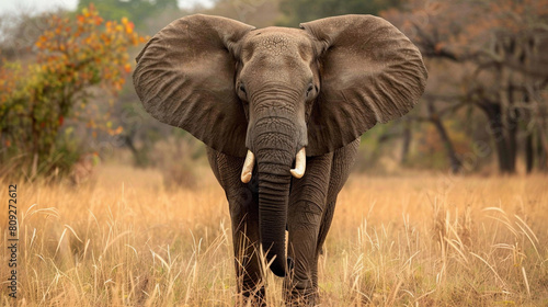 African Elephant Roaming the Savannah Grasslands with Flora in the Background