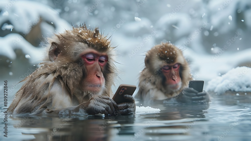 Fototapeta premium Animal pet dog with technology. Funny japanese snow monkey hipster using a mobile phone in hot spring water spa bath, background of the winter snowy landscape. creative wild animal concept.