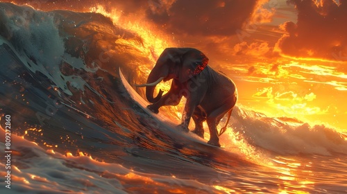 Elephant surfing on surfboard. Funny wildlife animal on ocean wave.  vibrant sunset background. Creative pet animal 3d digital art illustration of commercial editorial advertisement surreal landscape.