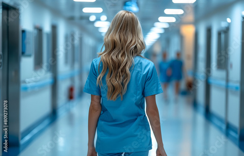 Nurse walks down hospital hallway. Beautiful young female doctor