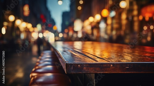 Wooden Table Top With Blurry Lights