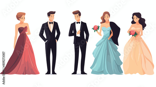 Set of happy young couples dressed for prom on whit