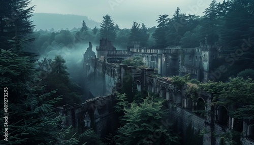 a victorian style lost ancient fantasy city surrounded by a forest  has a giant wall. generative AI