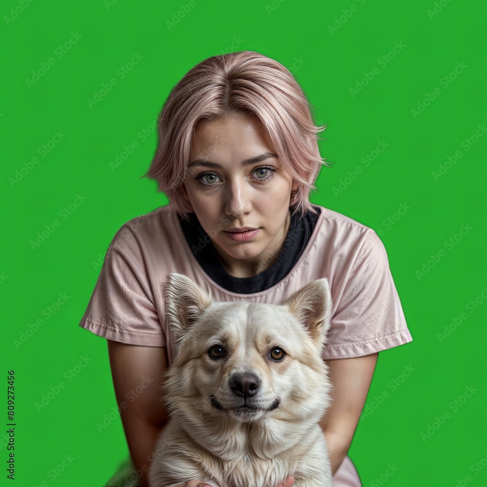 Woman holding a Canidae with fur and a snout on a green screen Woman holding a Canidae with fur and a snout on a green screen