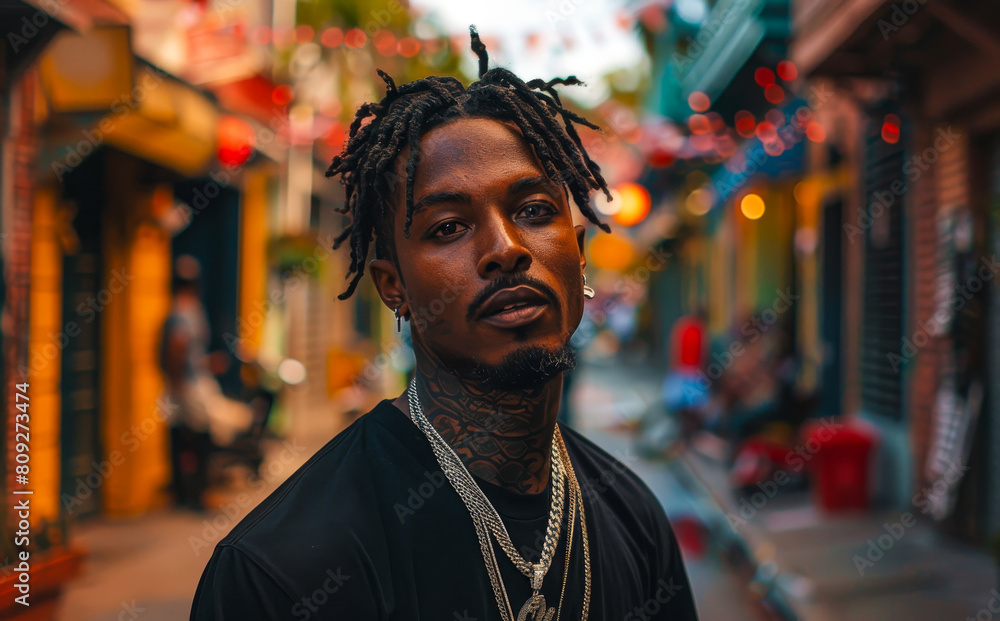Fototapeta premium Young man with dreadlocks and tattoos posing in the streets of city