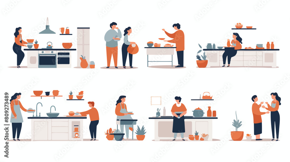 Set of family in kitchen scenes with people parents