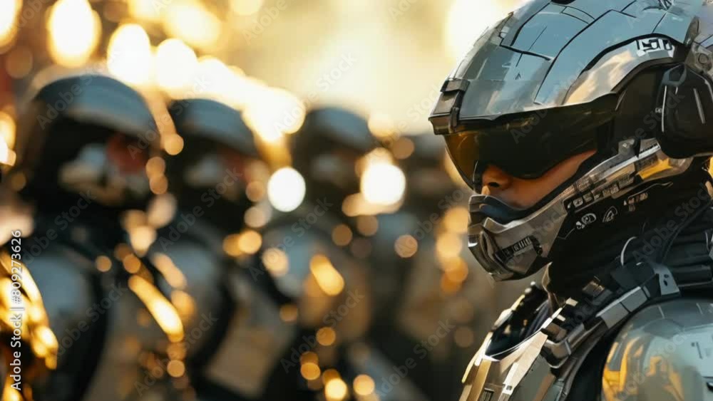 Close-up of a male soldier of future wearing a helmet and a futuristic police suit standing in front of a line of soldiers. Close-up of a male soldier of future wearing a helmet and a futuristic police suit standing in front of a line of soldiers.