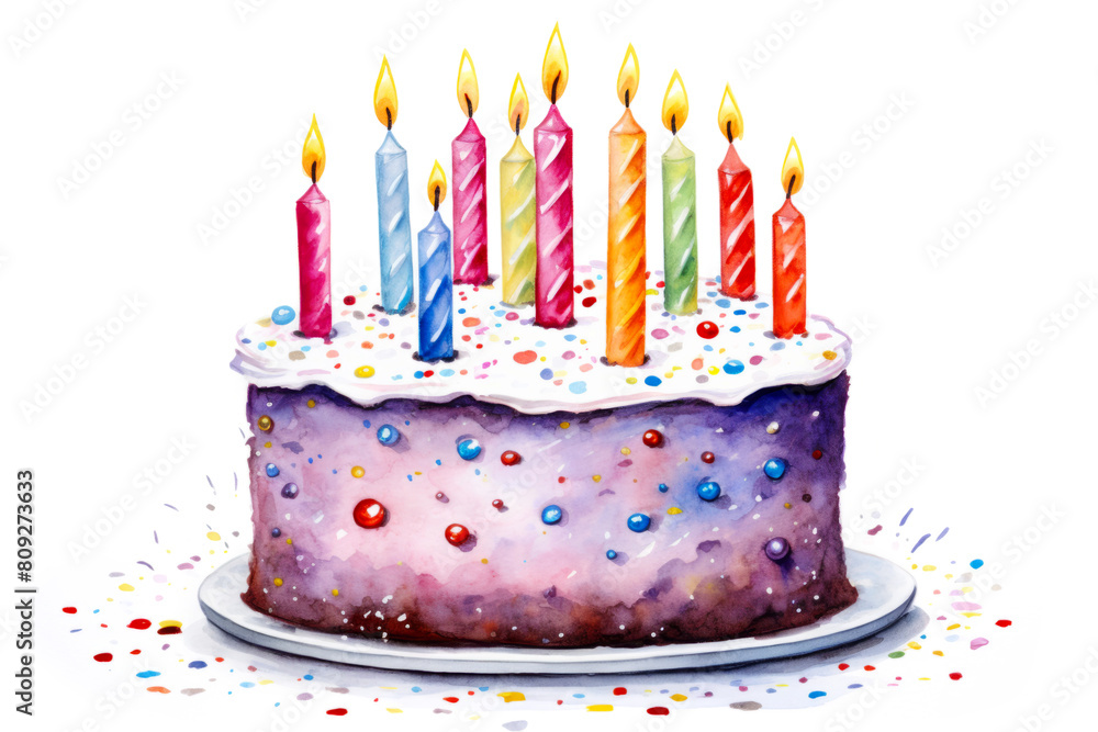Watercolor Birthday Cake with Candles Isolated on White Background ...