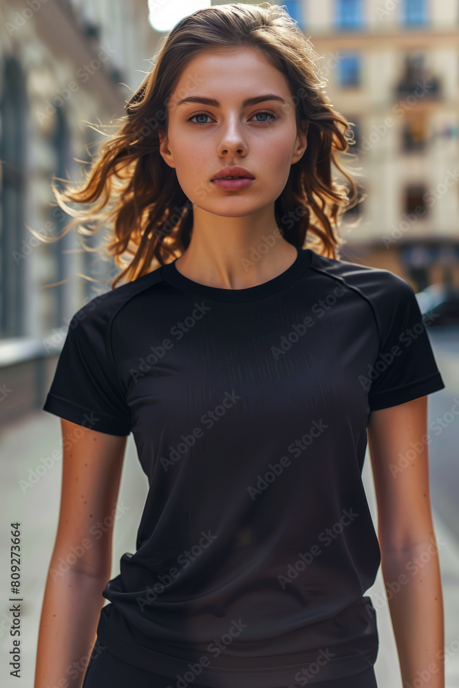 Athletic Woman Black T-Shirt Mockup in Urban Setting Athletic Woman Black T-Shirt Mockup in Urban Setting