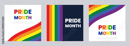 Collection of cards for the pride month celebration.Gay Pride Month in June.  LGBT multicolored rainbow flag.Social media post, stories, poster template with LGBT rainbow flag.Vector.